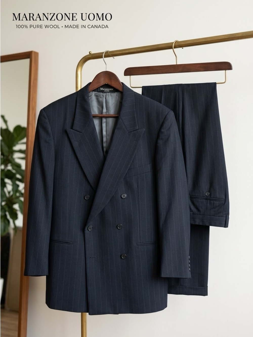 Vintage Maranzone Uomo Double Breasted Pinstripe Suit 100% Wool Made in Canada (